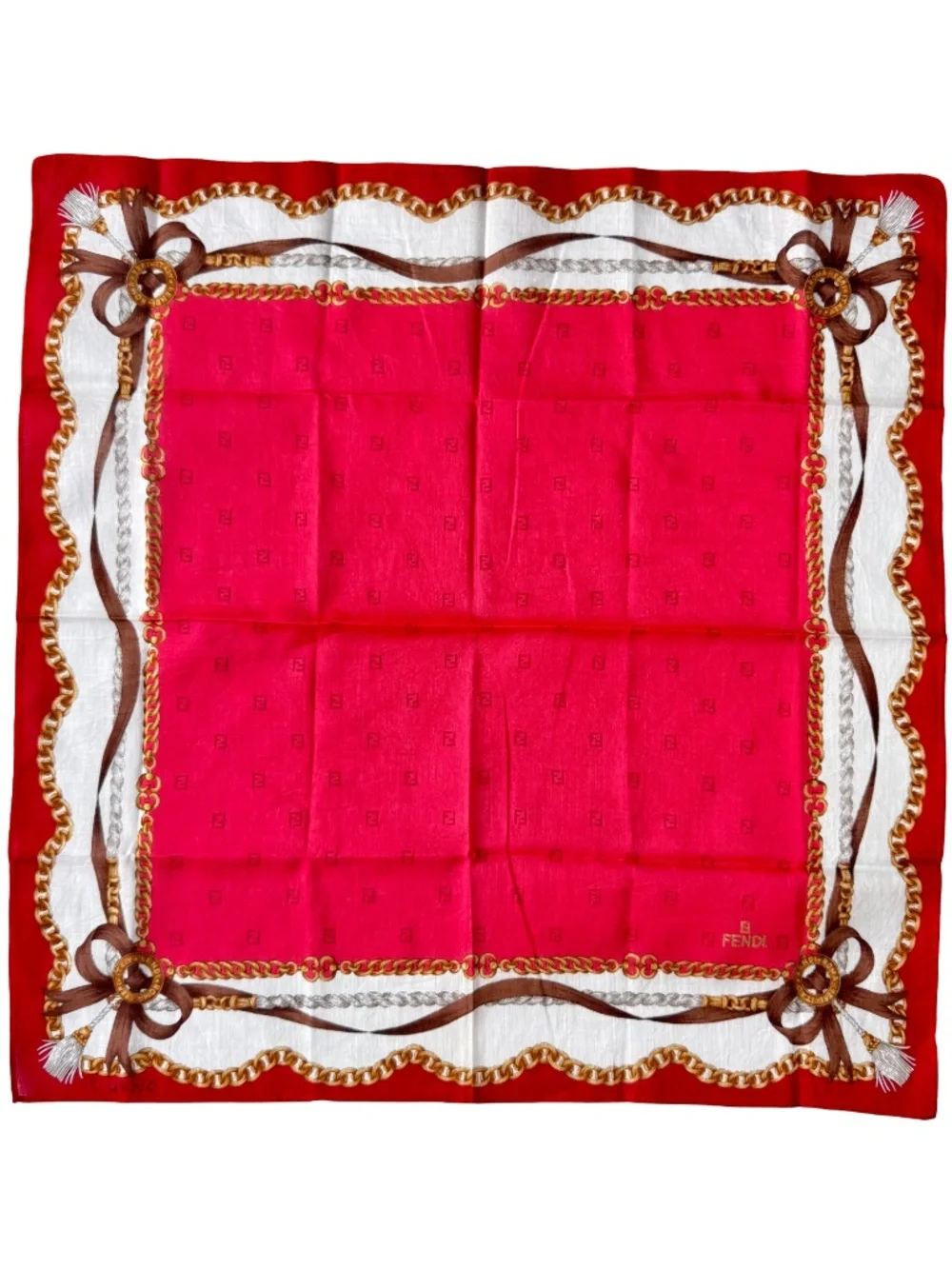 Vintage Fendi Scarf Handkerchief Neckerchief Pocket Square Chain Bow Red 17x17